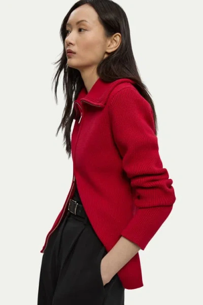 Karen Millen Cotton Zip Through Collar Knit Cardigan In Red