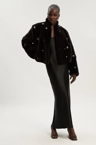 Karen Millen Crystal Embellished Faux Fur Short Coat In Brown