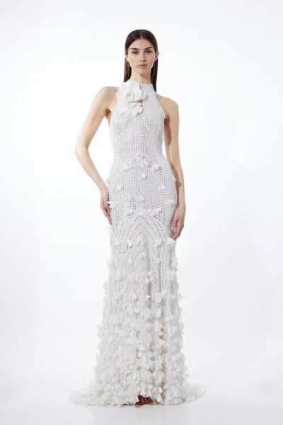 Karen Millen Crystal Rosette Halter-neck Maxi Dress In White
