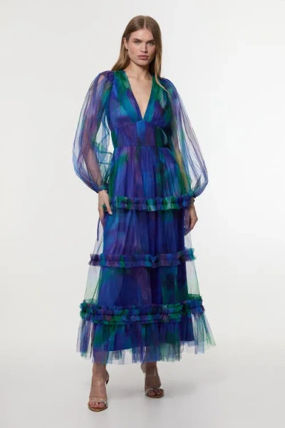 Karen Millen Dark Floral Plunge Maxi Dress In Blue