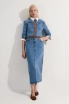 Karen Millen Denim & Leather Collarless Jacket In Blue