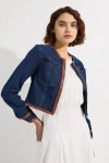 Karen Millen Denim & Leather Collarless Jacket In Blue