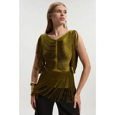 Karen Millen Draped Fringe Knitted Top In Green