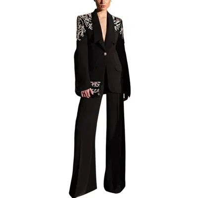 Karen Millen Elegant Rhinestone & Beaded Diamond Suit And Pants Set In Black