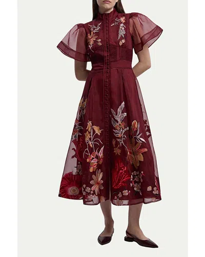 Karen Millen Embroidered Short Sleeve Midi Dress In Burgundy