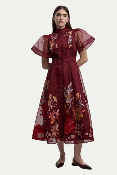 Karen Millen Embroidered Short Sleeve Midi Dress In Multi