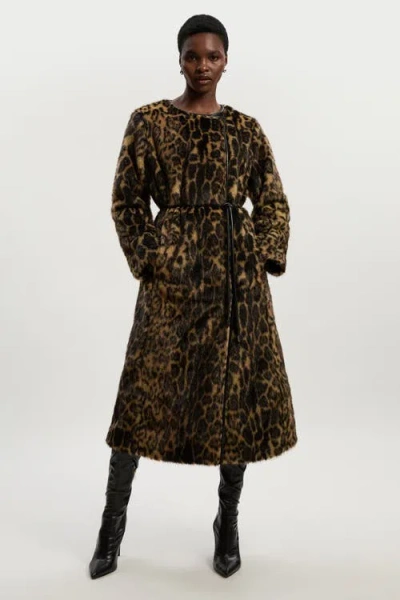 Karen Millen Faux Fur Collarless Tie Belted Midi Coat In Animal Print