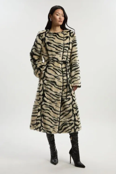 Karen Millen Faux Fur Collarless Tie Belted Midi Coat In Animal Print