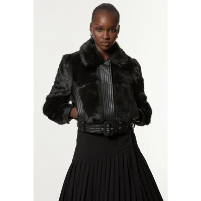 Karen Millen Faux Fur Pu Panel Belted Cropped Jacket In Black