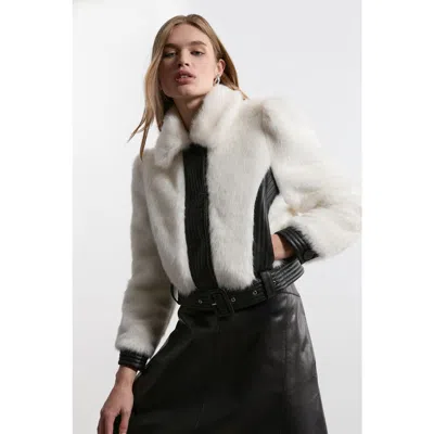 Karen Millen Faux Fur Pu Panel Belted Cropped Jacket In White