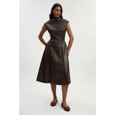 Karen Millen Faux Leather Belted Midi Dress In Brown