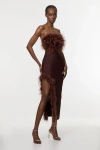 Karen Millen Feather Detail Knit Midi Dress In Brown