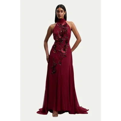Karen Millen Feather Embellished Halter Maxi Dress In Burgundy
