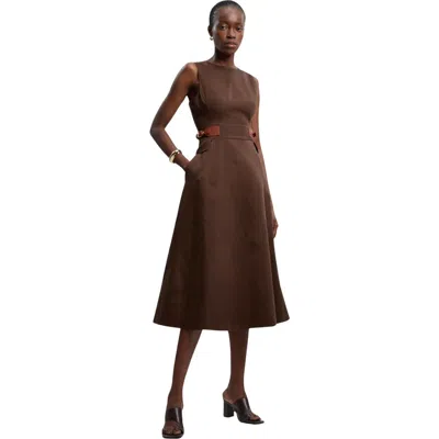 Karen Millen Fitted Belt Crew Neck Midi Dress In Brown