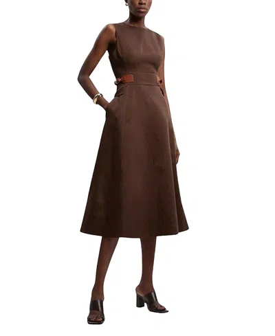 Karen Millen Fitted Belt Crew Neck Midi Dress In Brown