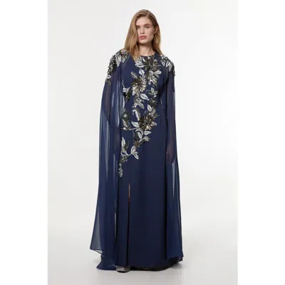 Karen Millen Floral 3d Cape Sleeve Maxi Dress In Blue