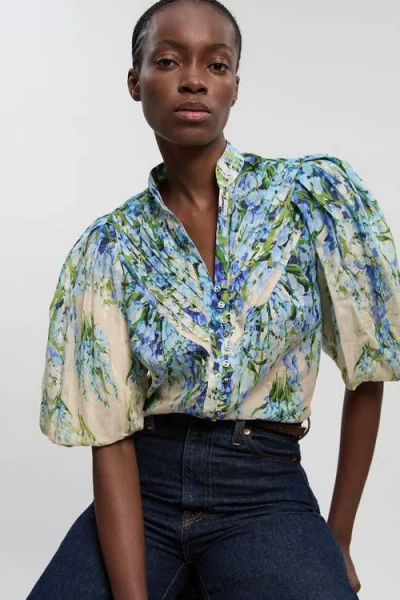 Karen Millen Floral Puff Sleeve Blouse In Blue