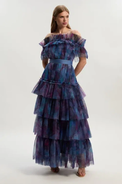 Karen Millen Floral Tulle Off Shoulder Maxi Dress In Blue