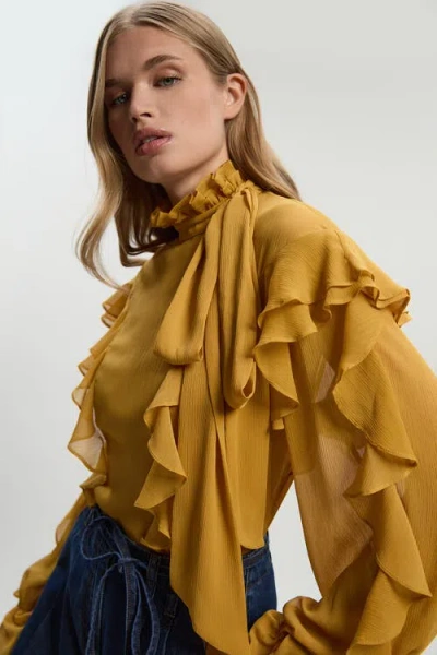 Karen Millen Georgette Ruffle Woven Pussybow Blouse In Yellow