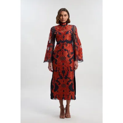 Karen Millen High Neck Embroidered Midi Dress In Red