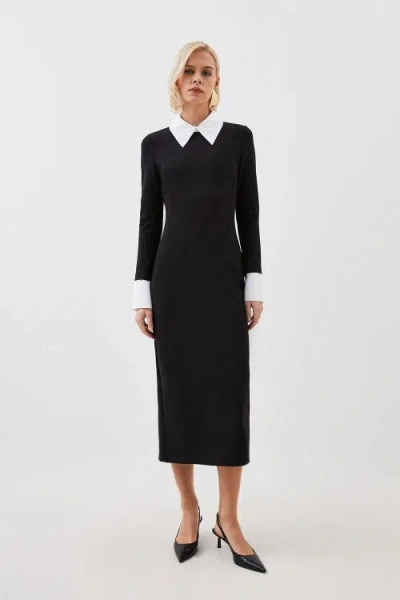 Karen Millen Jersey Cotton Poplin Midi Collar Dress In Black