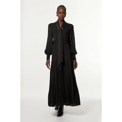 Karen Millen Jersey Ponte Georgette Mix Midi Dress In Black