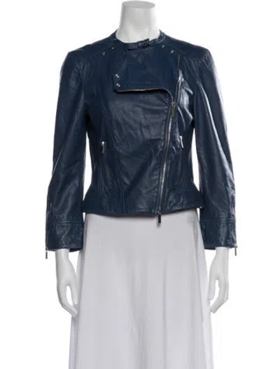 Pre-owned Karen Millen Lamb Leather Biker Jacket In Blue