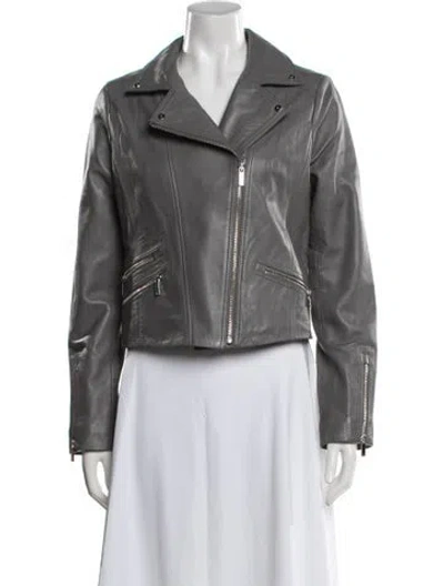 Pre-owned Karen Millen Lamb Leather Biker Jacket In Gray