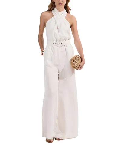 Karen Millen Linen Blend Wide Leg Belted Jumpsuit In White