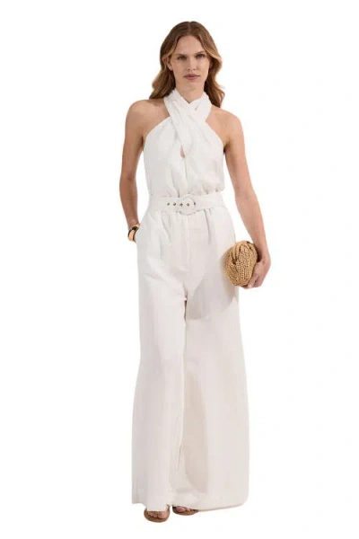 Karen Millen Linen Blend Wide Leg Belted Jumpsuit In White