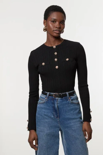 Karen Millen Military Trim Rib Long Sleeve Knit Top In Black