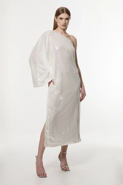 Karen Millen One Shoulder Woven Sequin Dress In White