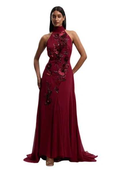Karen Millen Petite Feather Halter Maxi Dress In Burgundy