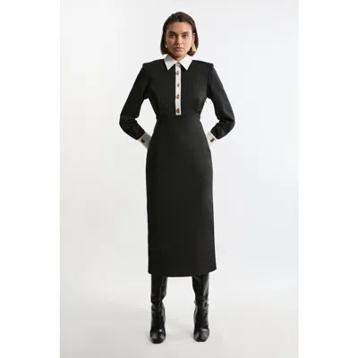 Karen Millen Petite Maxi Shirt Dress With Gold Clasps In Black