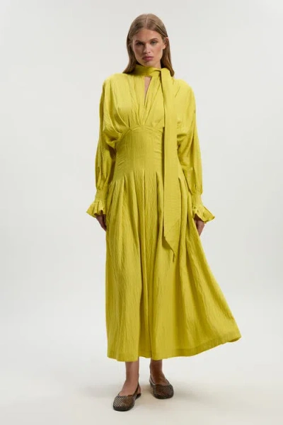 Karen Millen Pleated Neck Tie Detail Woven Maxi Dress In Green