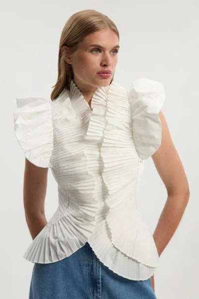 Karen Millen Pleated Ruffle Sleeve Woven Top In White