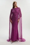 Karen Millen Premium Embellished Caped Maxi Dress In Purple