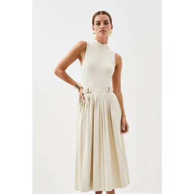 Karen Millen Pu Detailing Sleeveless Midi Dress In White