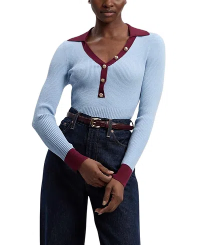 Karen Millen Rib Knit Contrast Hem Collared Top In Blue
