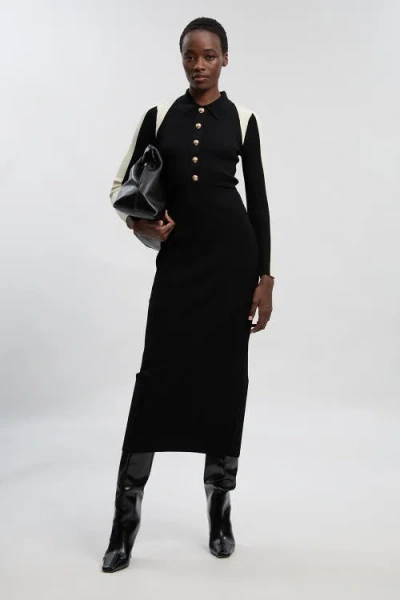 Karen Millen Rib Knit Long Sleeve Military Midi Dress In Black