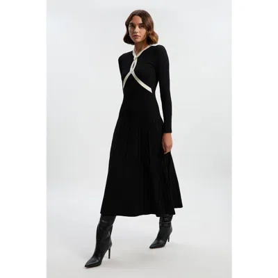 Karen Millen Rib Knit Trim Full Skirt Midi Dress In Black