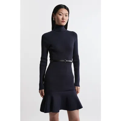 Karen Millen Roll Neck Belted Flippy Hem Mini Dress In Blue