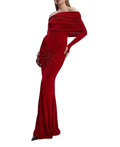 Karen Millen Ruched Off Shoulder Fishtail Maxi Dress In Red
