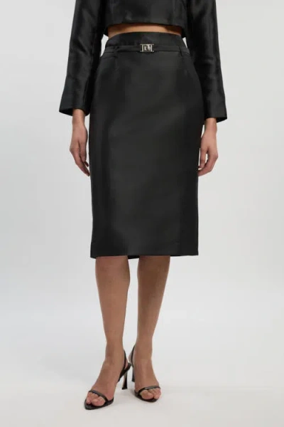 Karen Millen Satin Twill Belted Tailored Midi Skirt In Black