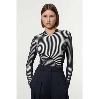Karen Millen Stripe Fitted Long Sleeve Knitted Top In Blue