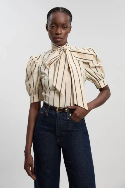 Karen Millen Stripe Pussy Bow Blouse In Gold