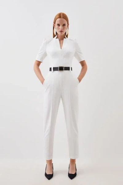 Karen Millen Structured Crepe Forever Belted Jumpsuit In White