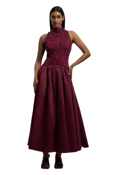 Karen Millen Taffeta High Neck Fit & Flare Dress In Purple
