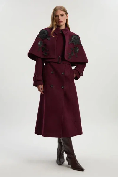 Karen Millen Tailored Funnel-neck Cape Midi Coat In Burgundy