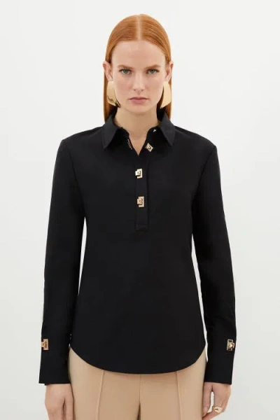 Karen Millen Techno Cotton Gold Clasp Shirt In Black